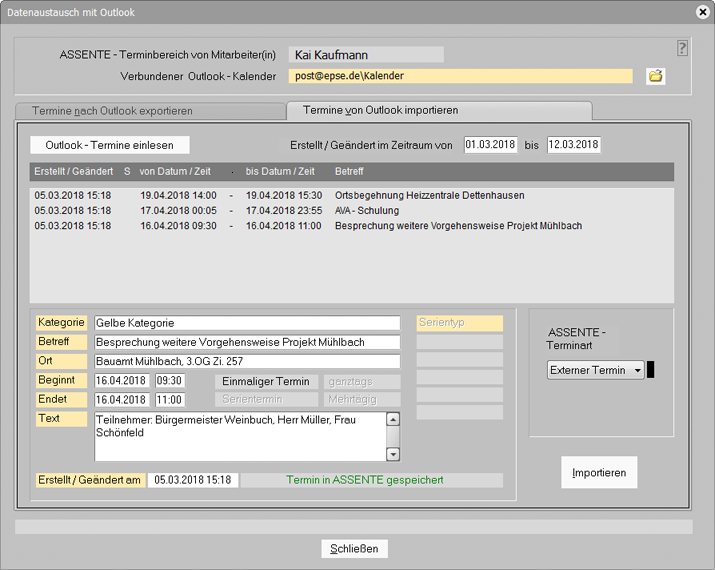 assente outlook import